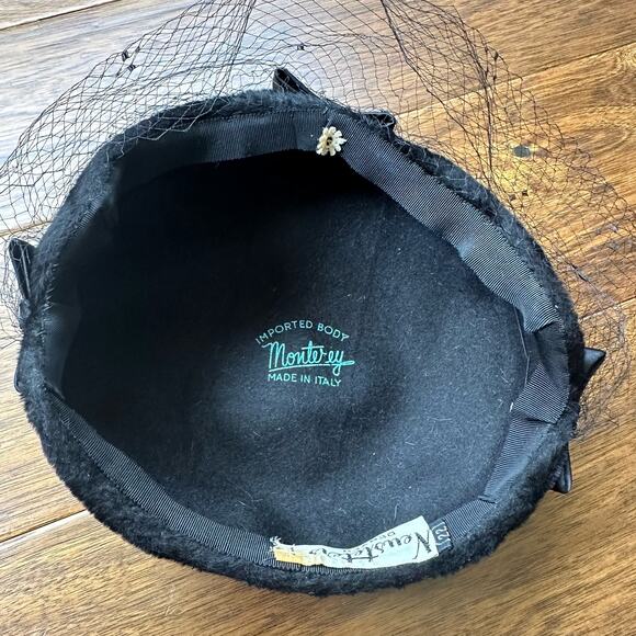 Vtg Neusteters pillbox beret hat black velvet bows net mesh veil - Picture 5 of 8